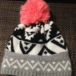 Girl's Geo PomPom Black/White/Pink Beanie--One Size Fits Most